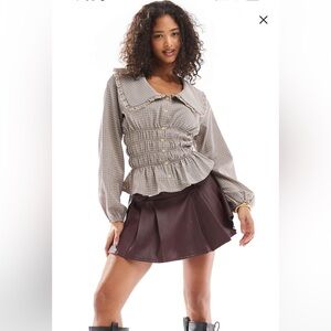 Daisy Street shirred blouse with ruffle collar in burgundy check